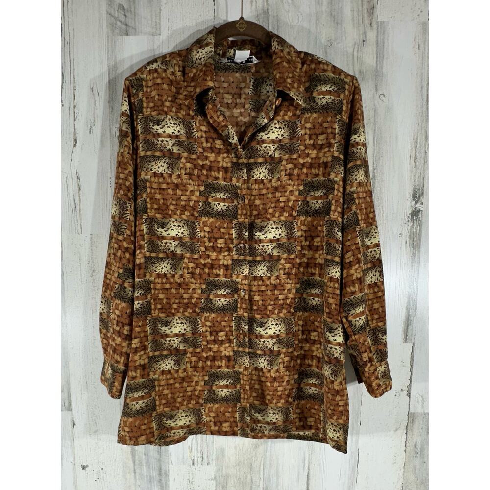 Beverly Rose USA Button Up Blouse‎ Small (Large) Animal Basket Weave Vintage
